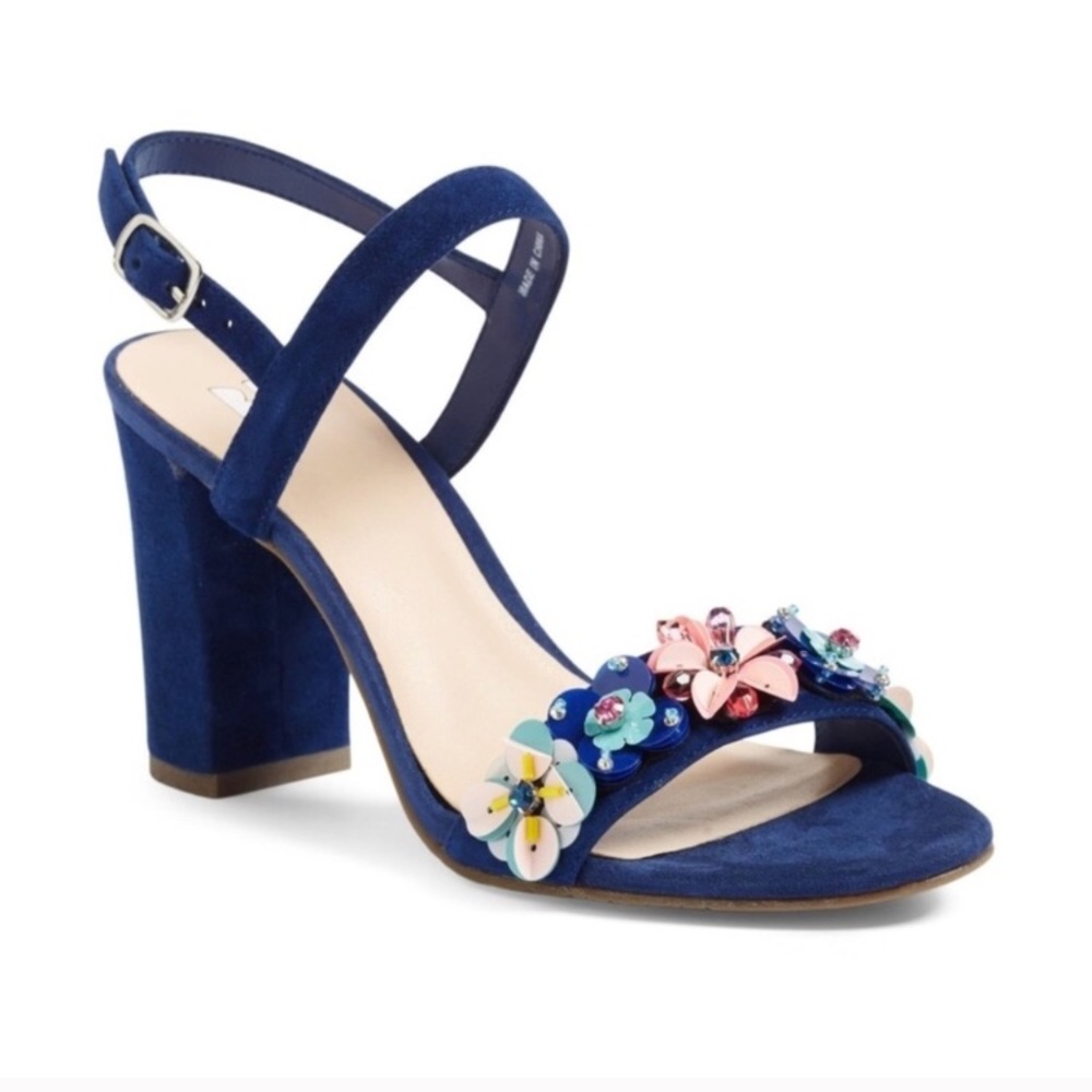 B.P. Blue Suede Heels With Floral Appliqué